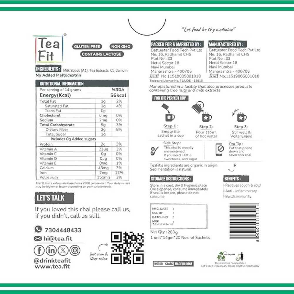 TeaFit Premium NO SUGAR Instant Cardamom Tea Premix | Grocsy