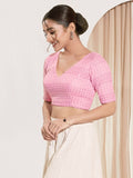 Joban Fashion Baby Pink Crochet Padded Blouse With V Neck Elbow Sleeves | Grocsy