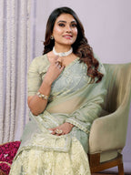 Green Glass Tissue,Net Embroidered Saree With Stitched Blouse - Nimaya Kaksha | Grocsy