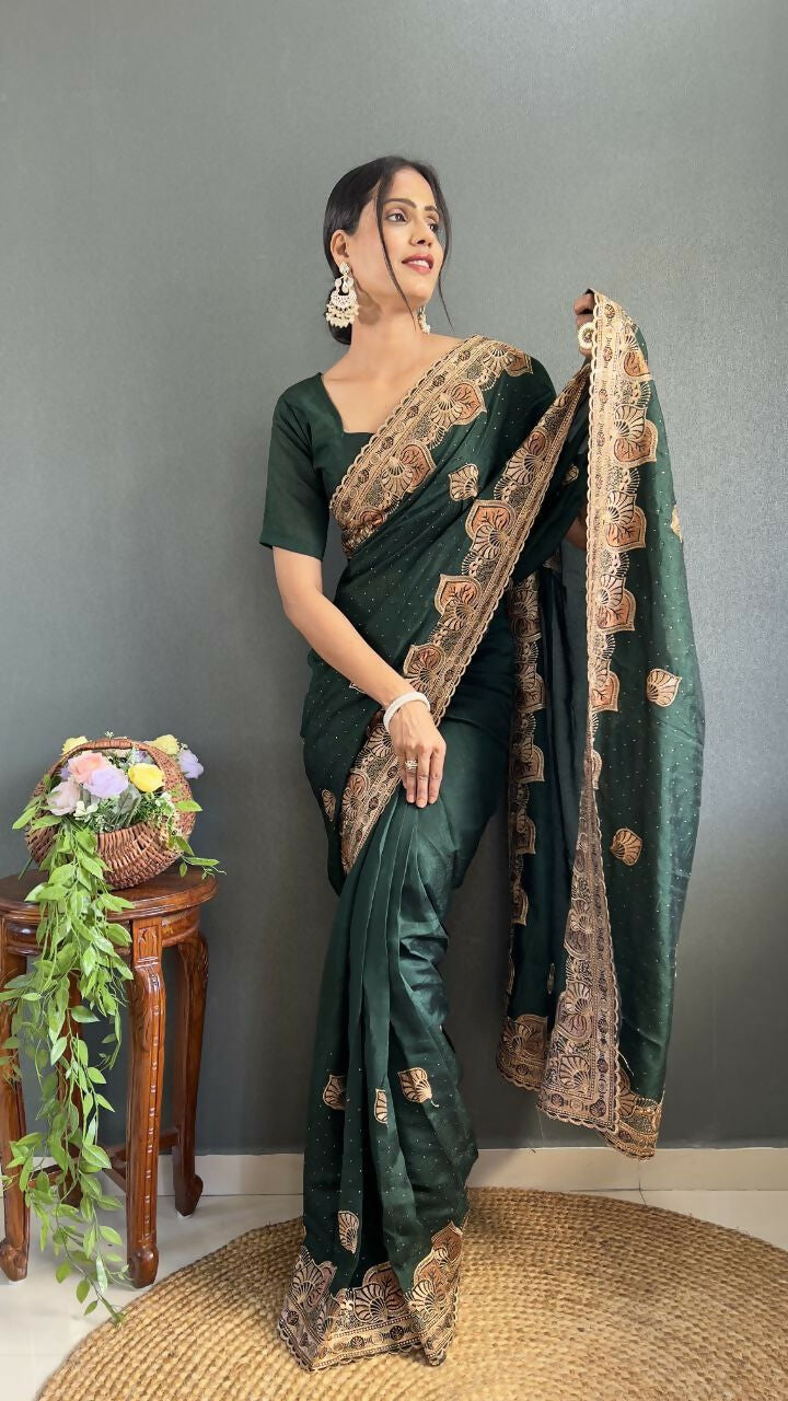 Vastranavya Green Vichitra Silk Zari with Swarovski Work Ready to Wear Saree | Grocsy