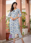 Kaajh Women's White Blue Floral Print Kurta Pant Set | Grocsy