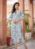 Kaajh Women's White Blue Floral Print Kurta Pant Set | Grocsy