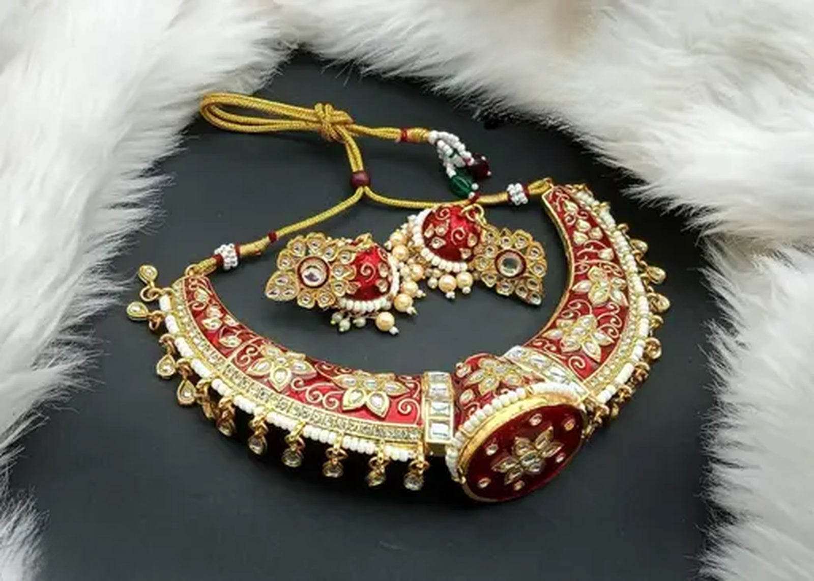 Jewel City Luxurious Red Kundan Choker Necklace Set - Traditional Indian Handcrafted Gold-Plated Jewelry with Earrings | Grocsy