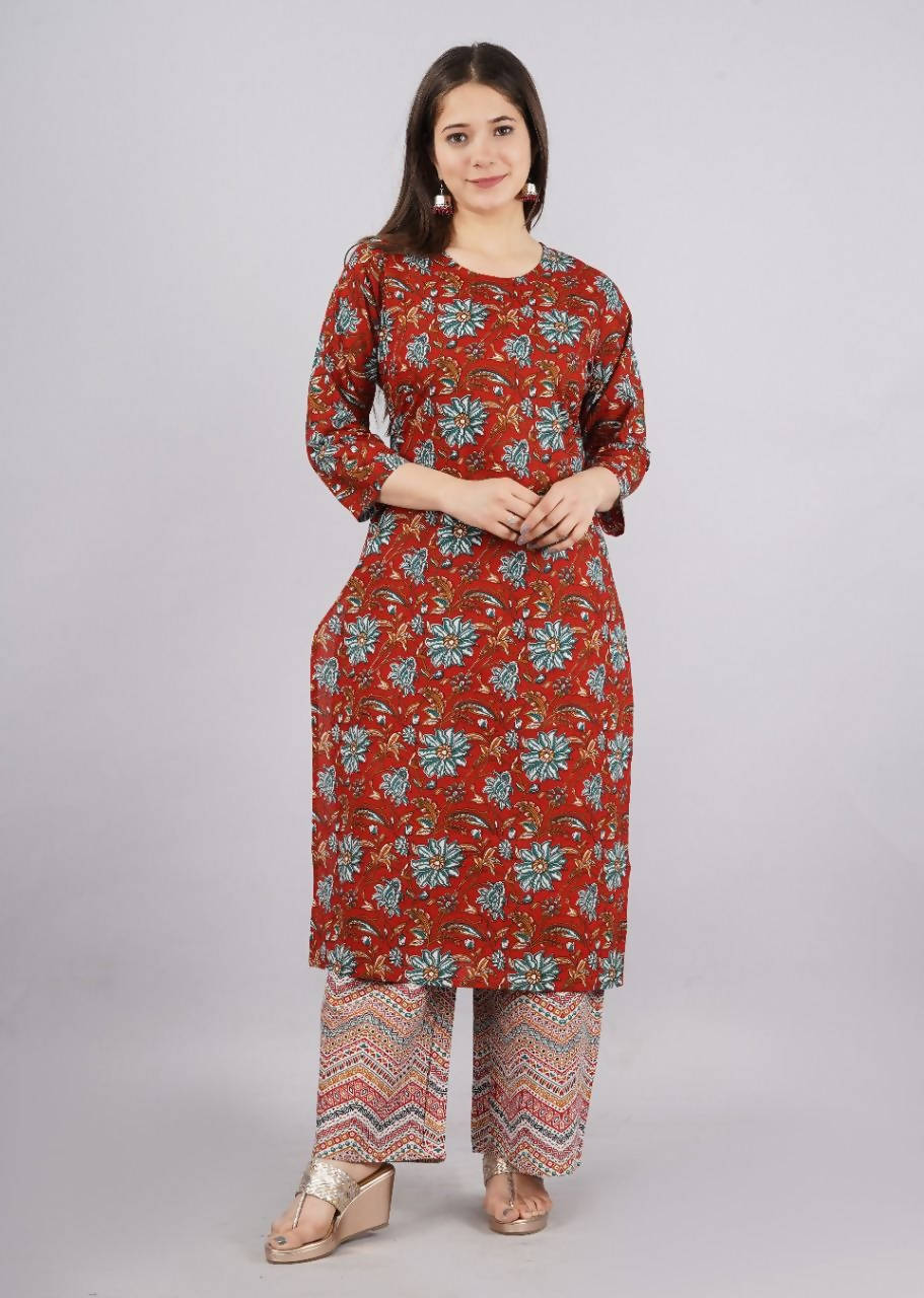 Vamika Printed Cotton Red Party Wear/Casual Wear Kurta Set/Suit | Grocsy