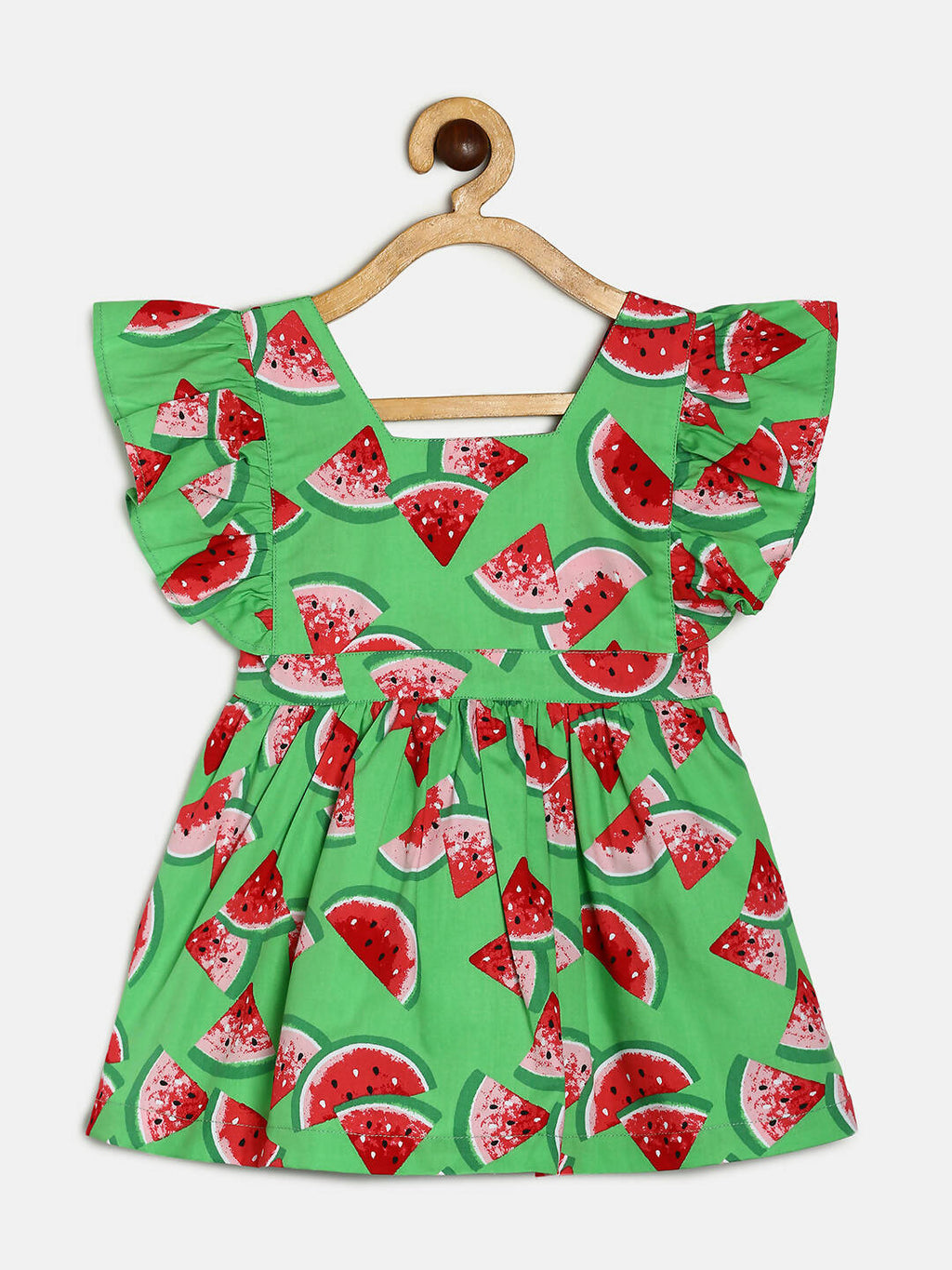 Manet Girls Cotton V Neck Frill Frock Watermelon Printed - Green | Grocsy