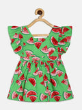 Manet Girls Cotton V Neck Frill Frock Watermelon Printed - Green | Grocsy