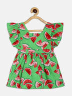 Manet Girls Cotton V Neck Frill Frock Watermelon Printed - Green | Grocsy