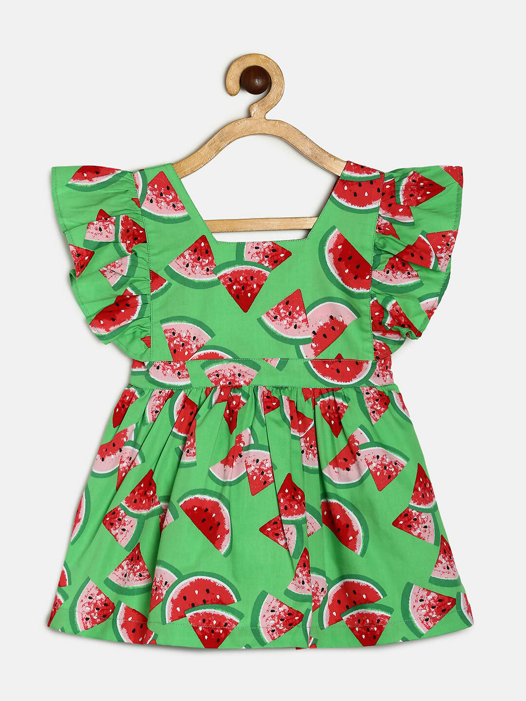 Manet Girls Cotton V Neck Frill Frock Watermelon Printed - Green | Grocsy