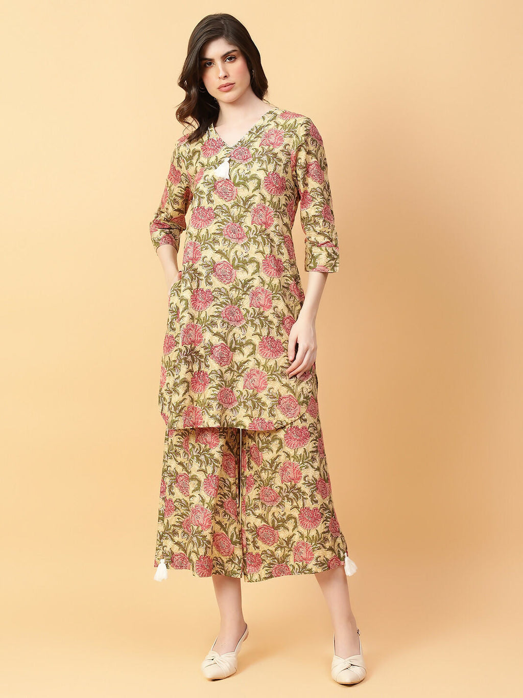 Joban Fashion Beige Cotton Printed & Hand Work Co-ord Set | Grocsy