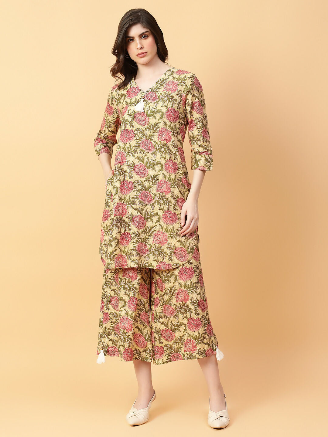 Joban Fashion Beige Cotton Printed & Hand Work Co-ord Set | Grocsy