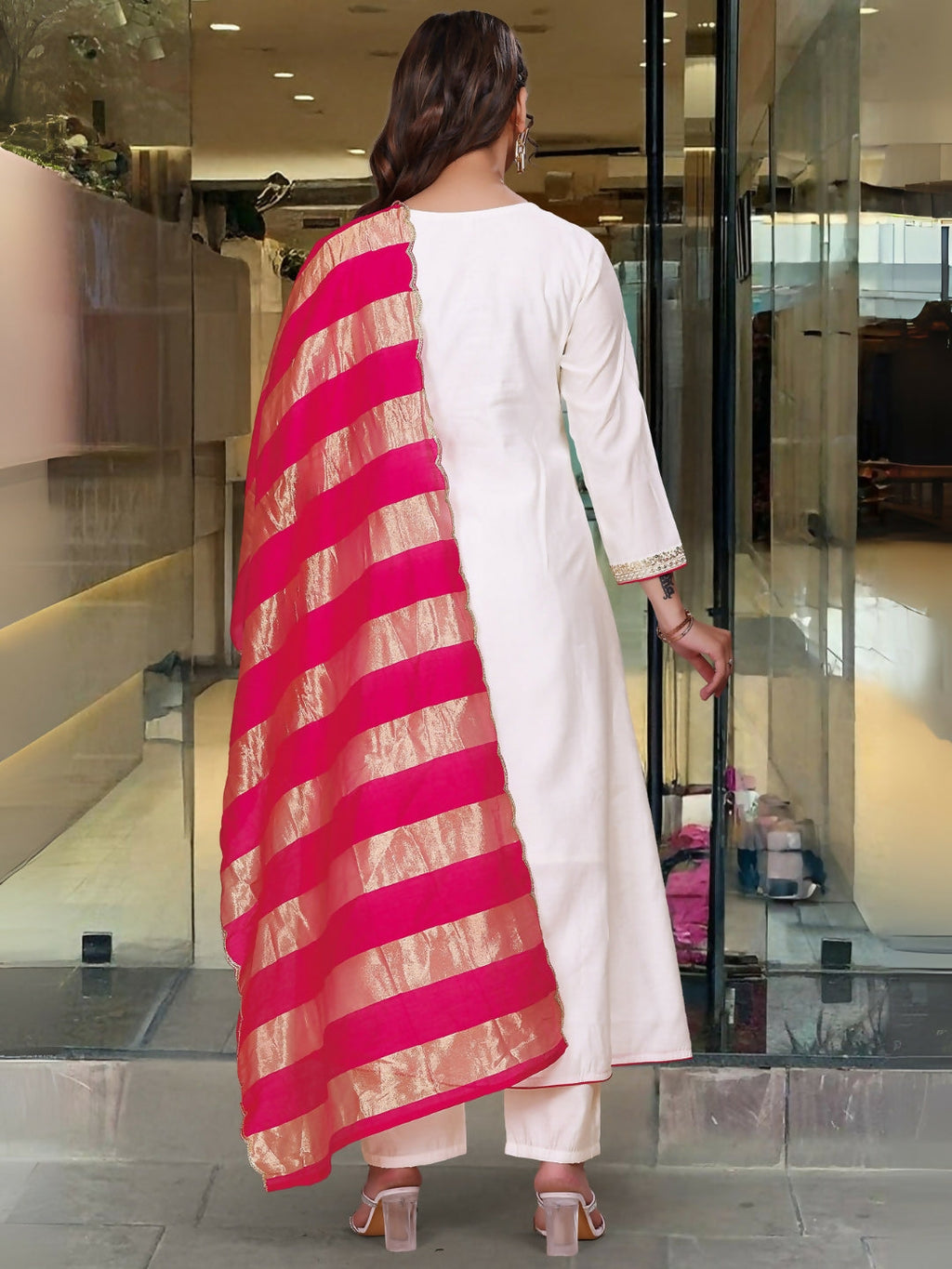 The52 White Women's Gorgeous Embroidered Work Chanderi Fabric Flared Kurta Pant and Dupatta Set | Grocsy