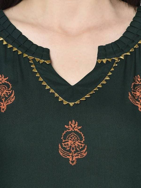 Aniyah Rayon Bottle Green Block Print Straight Kurta (AN-218K) | Grocsy