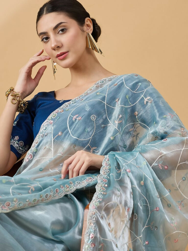 Blue Organza Sequence Embroidered Saree with Unstitched Blouse - Satya | Grocsy