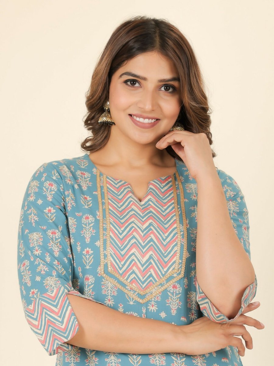 Aramya Straight Soft Cotton Floral Print Women's Kurta Set - Green | Grocsy