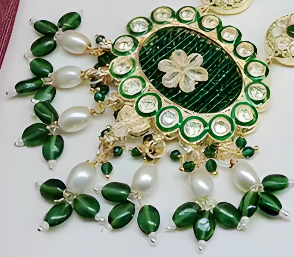 Jewel City Emerald Green Kundan Crystal Maharani Har Long Set - Luxurious Traditional Indian Jewelry | Grocsy