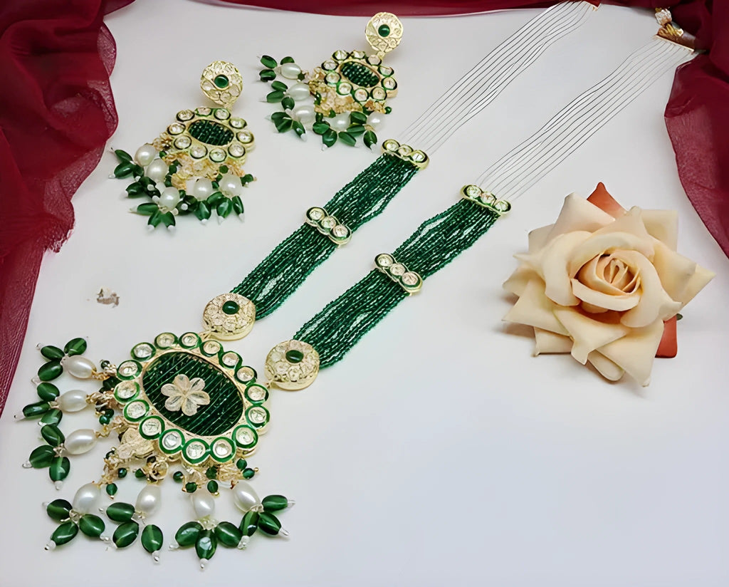 Jewel City Emerald Green Kundan Crystal Maharani Har Long Set - Luxurious Traditional Indian Jewelry | Grocsy