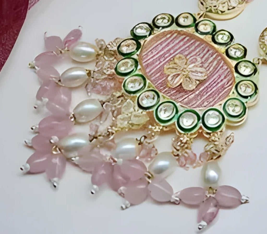 Jewel City Handcrafted Kundan Meenakari Polki Rose Quartz Statement Necklace Set - Ethnic Bridal Elegance | Grocsy