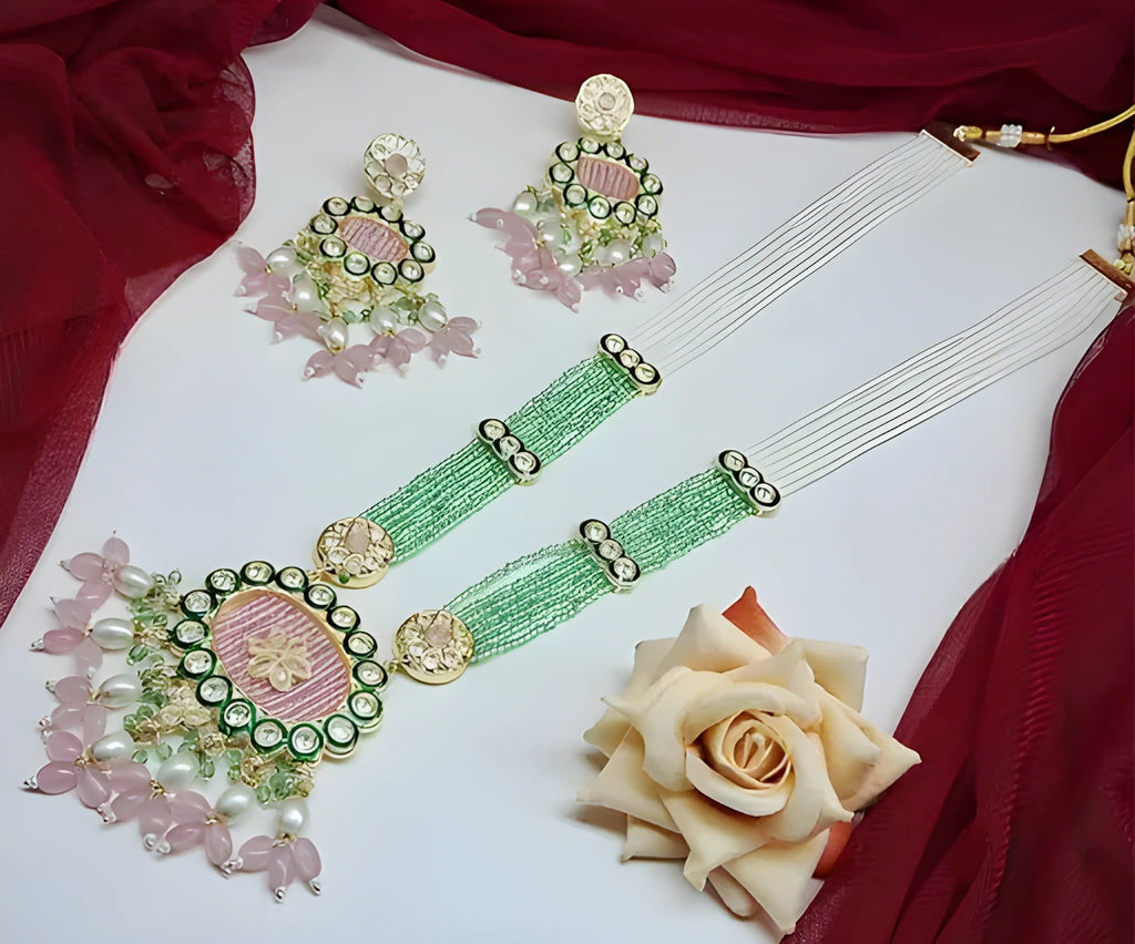 Jewel City Handcrafted Kundan Meenakari Polki Emerald & Rose Quartz Statement Necklace Set - Ethnic Bridal Elegance | Grocsy
