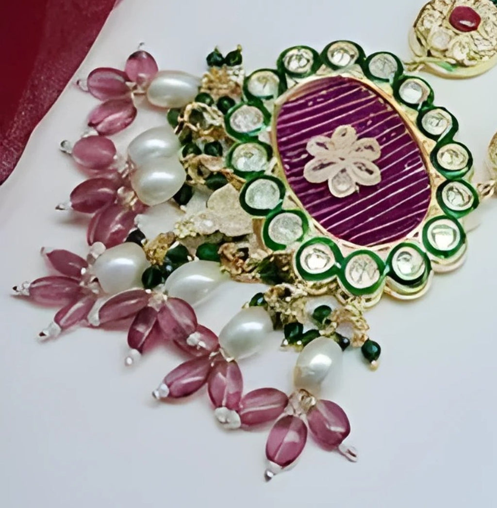Jewel City Handcrafted Kundan Meenakari Polki Amethyst Statement Necklace Set - Ethnic Bridal Elegance | Grocsy