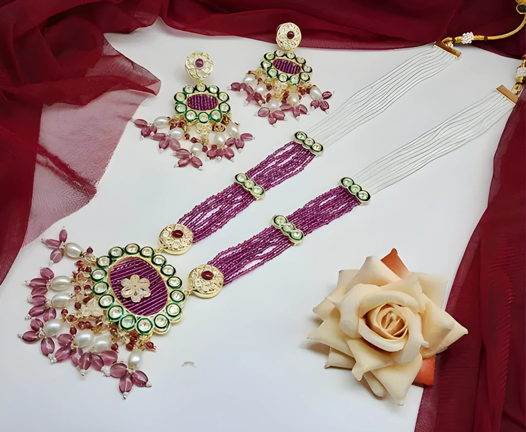 Jewel City Handcrafted Kundan Meenakari Polki Amethyst Statement Necklace Set - Ethnic Bridal Elegance | Grocsy