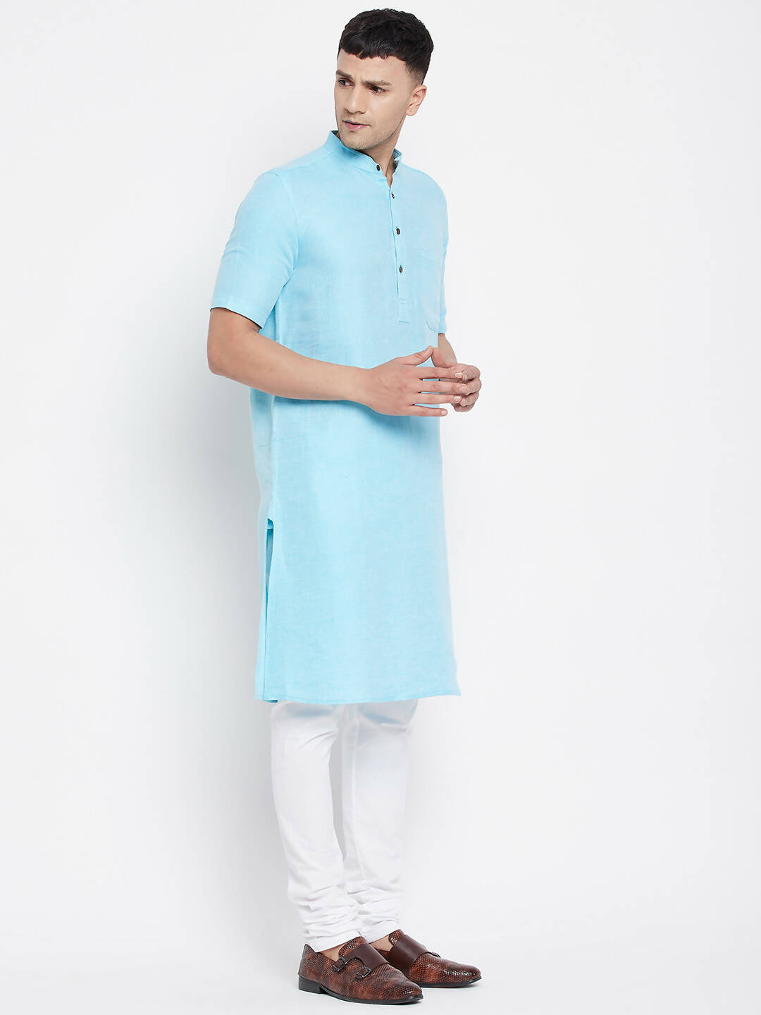Even Apparels Blue Color Pure Cotton Men's H/S Kurta With Band Collar | Grocsy