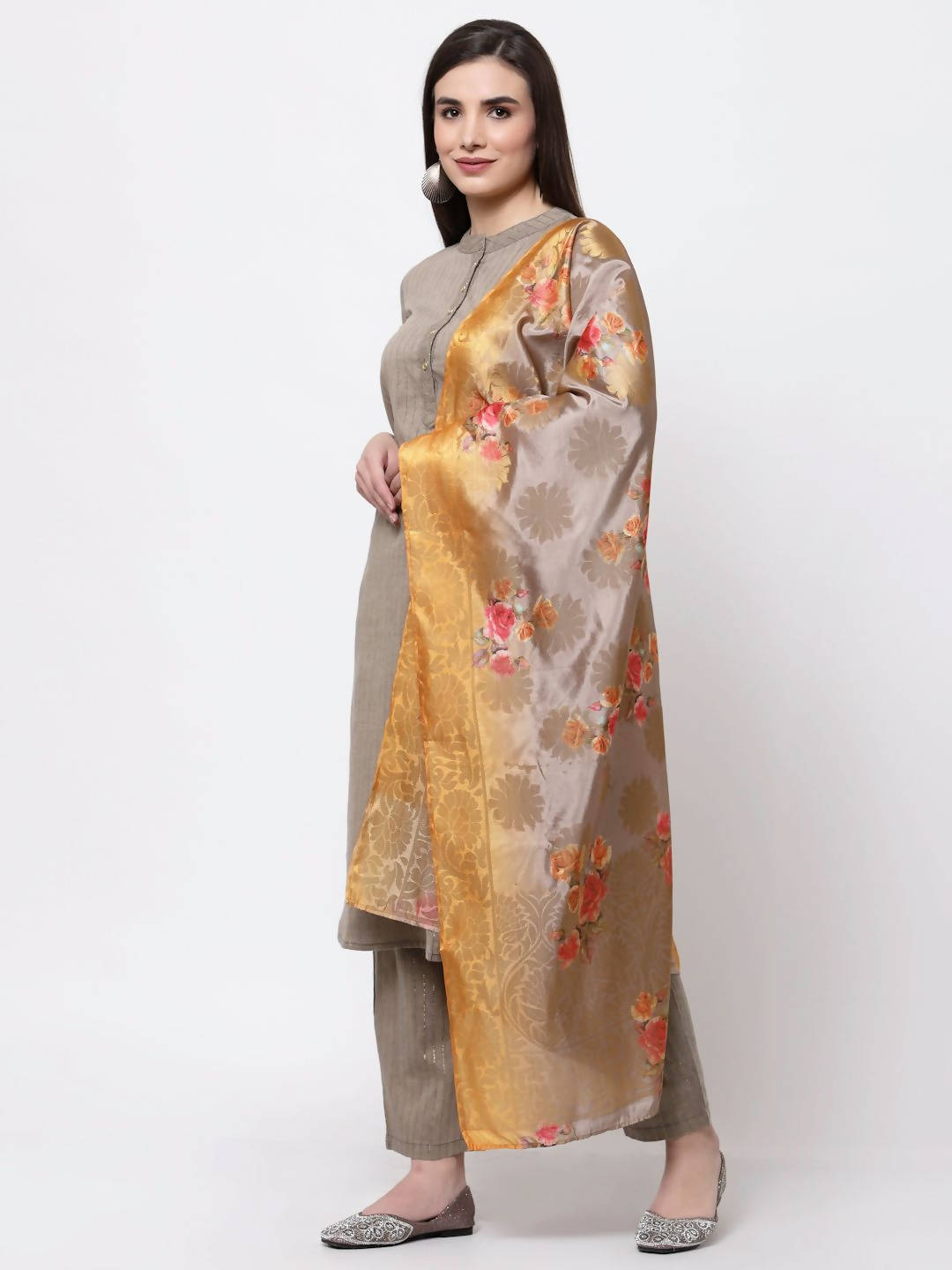 Myshka Women's Khaki Cotton Solid 3/4 Sleeve Mandarin Neck Casual Kurta Pant Dupatta Set | Grocsy