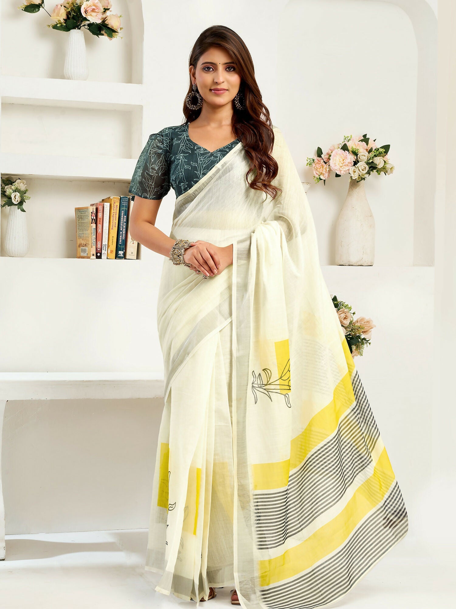 Joban Fashion Off-White Striped Linen Ready To Wear Saree With Unstitched Blouse | Grocsy