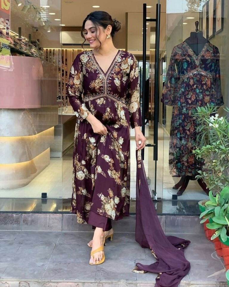 Ethnic Festive Wear Georgette Purple Stitched Suit With Dupatta - Tanisha | Grocsy