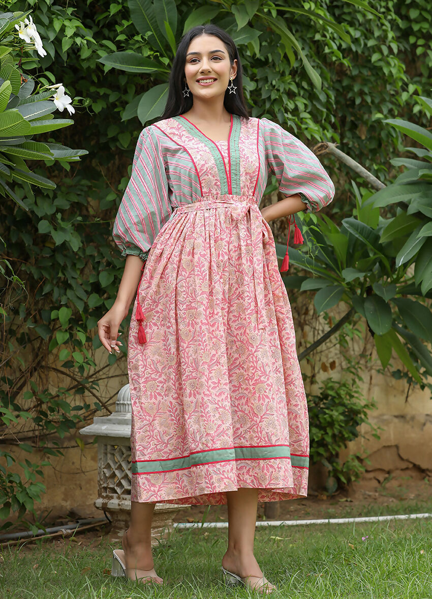 Kaajh Women's Pink Hand Block Printed Dress | Grocsy