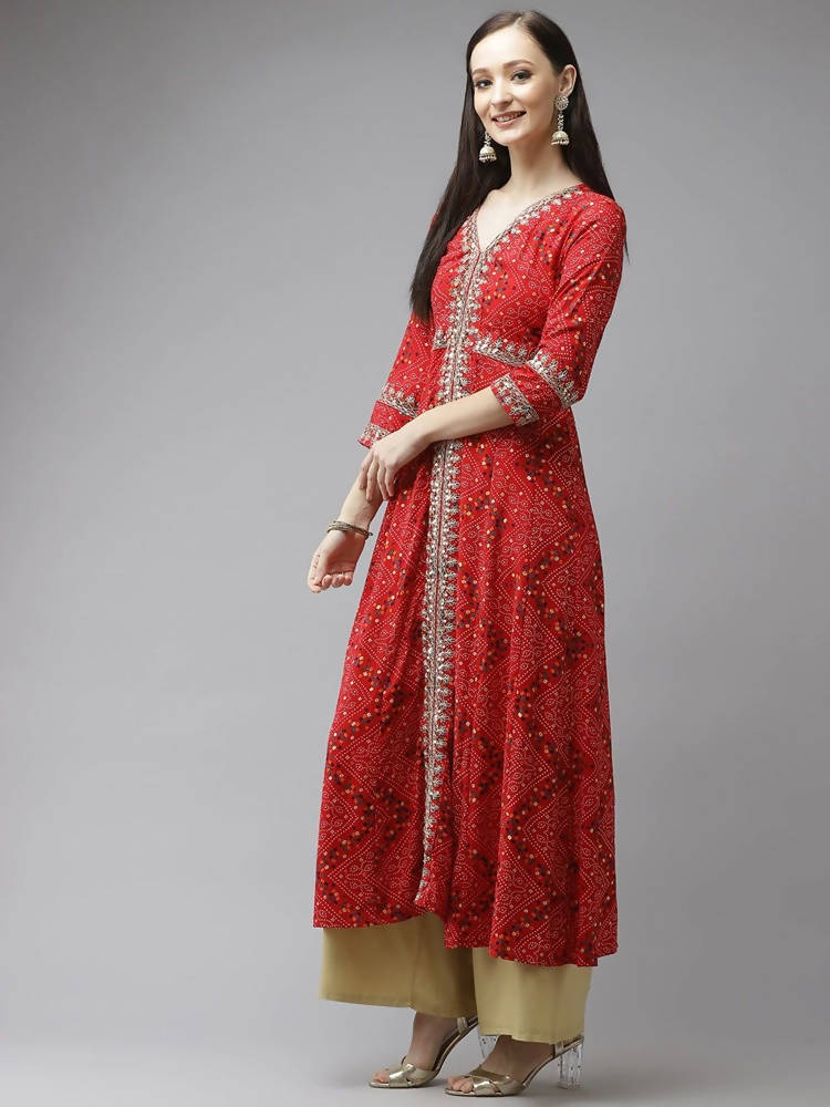 Yufta Women Red Bandhani Printed Kurta | Grocsy