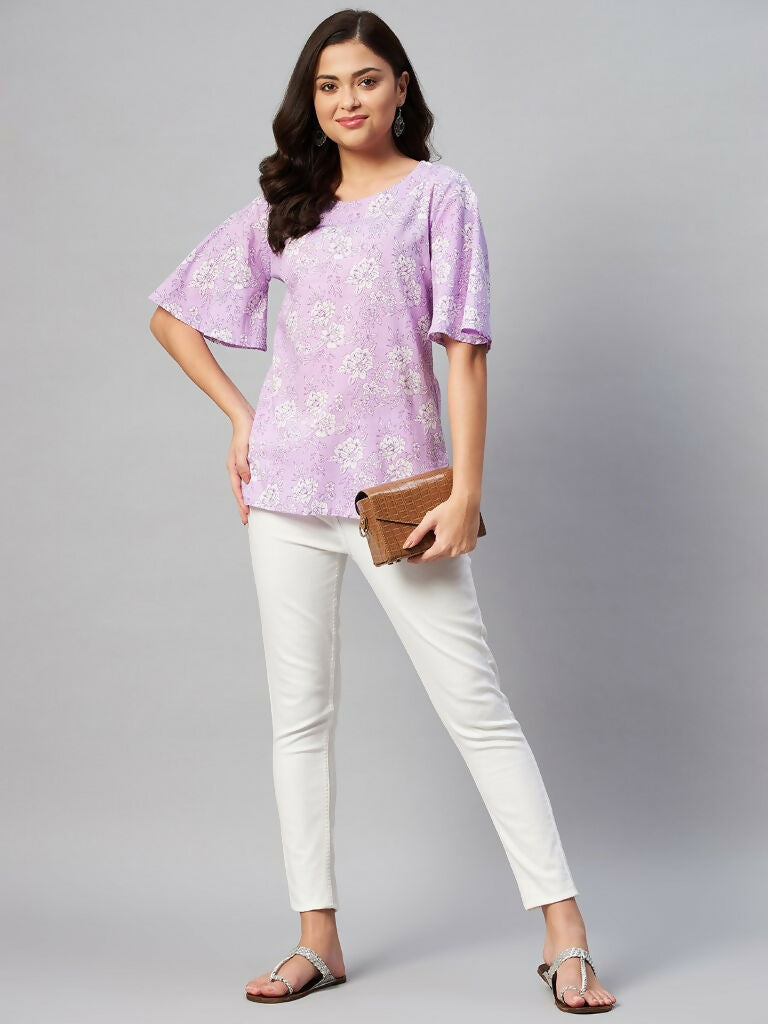 Miravan Women's Lavender-Coloured Bell Sleeve Floral Print Kurti | Grocsy