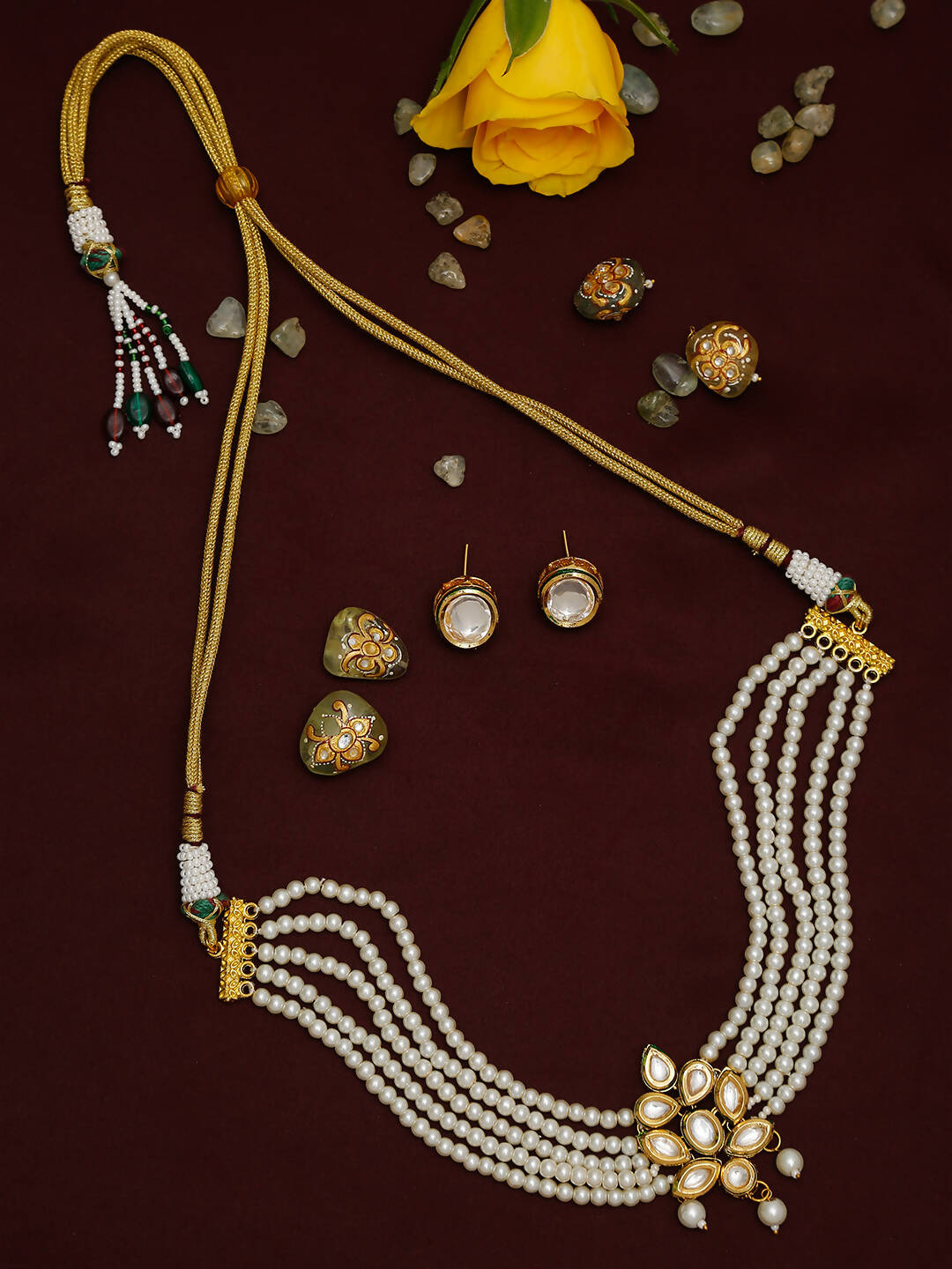 Gold-Polished White Pearl Kundan Choker With Studs - Ruby Raang | Grocsy