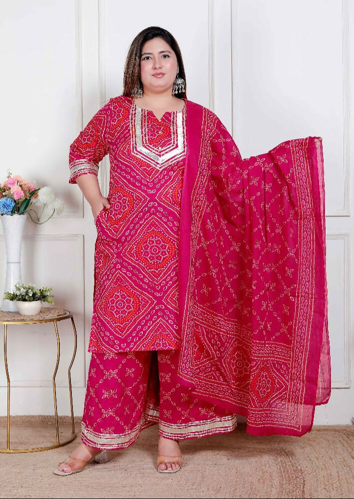 Miravan Plus Size Women'S Pink Bandhani Printed Straight Kurta With Palazzo & Dupatta | Grocsy