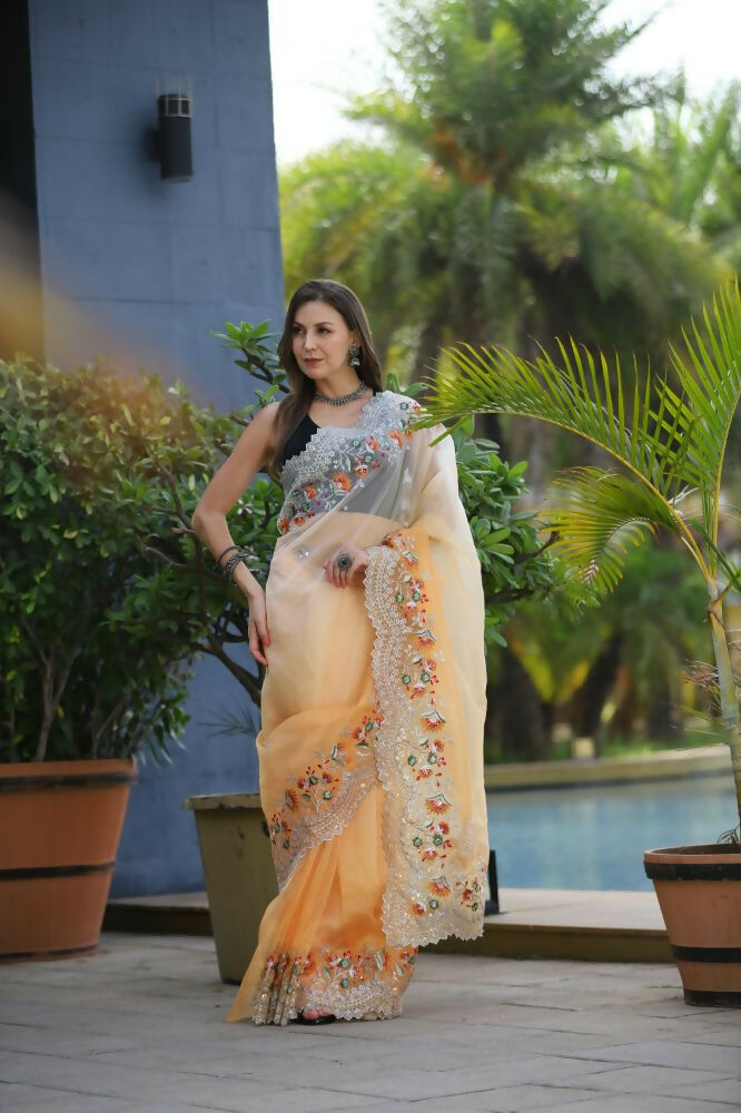 Vamsee Sanyogita Sanyogita - Yellow Organza Saree | Grocsy