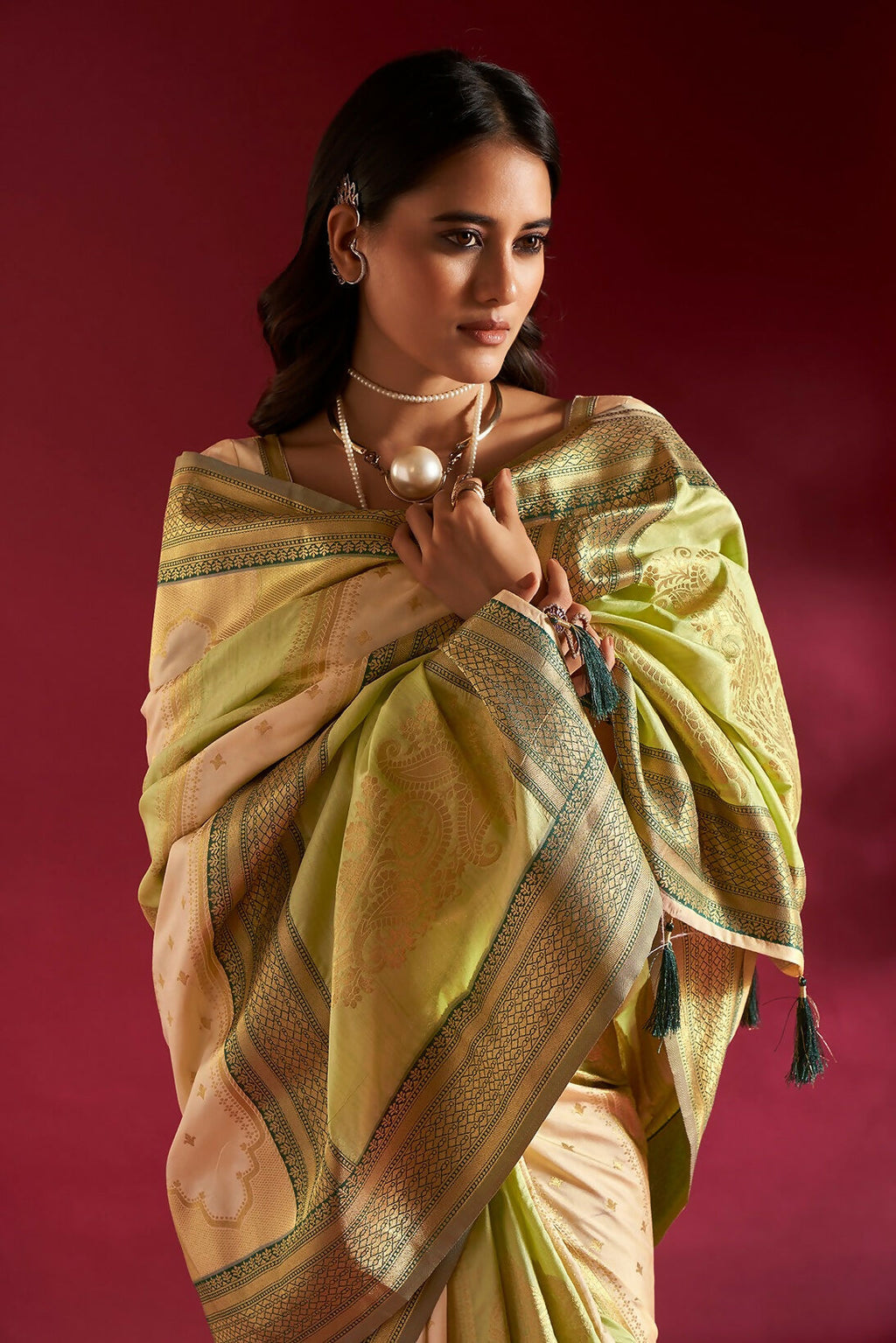 Joban Fashion Cream & Parrot Green Plain With Weaving Border Banarasi Silk Sarees | Grocsy