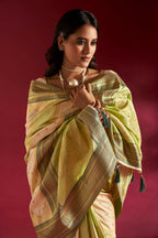 Joban Fashion Cream & Parrot Green Plain With Weaving Border Banarasi Silk Sarees | Grocsy