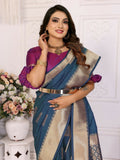 Anaita Navy Blue Soft Silk With Zari Weaving Borders Saree With Blouse | Grocsy
