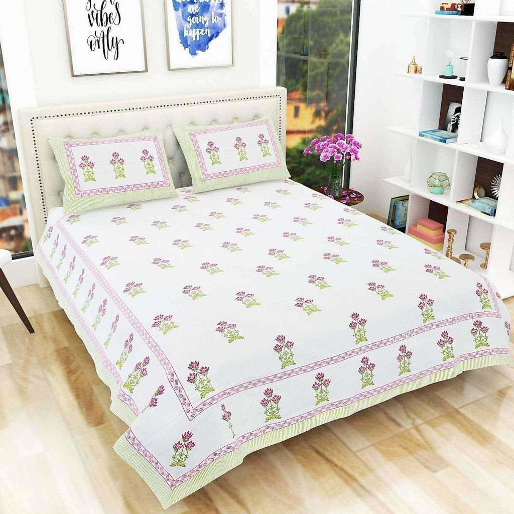 Floral Hand Block Printed Double 90x108 Inches Bedspread with 2 Pillow Covers | Grocsy