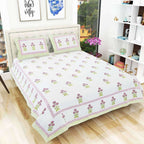 Floral Hand Block Printed Double 90x108 Inches Bedspread with 2 Pillow Covers | Grocsy
