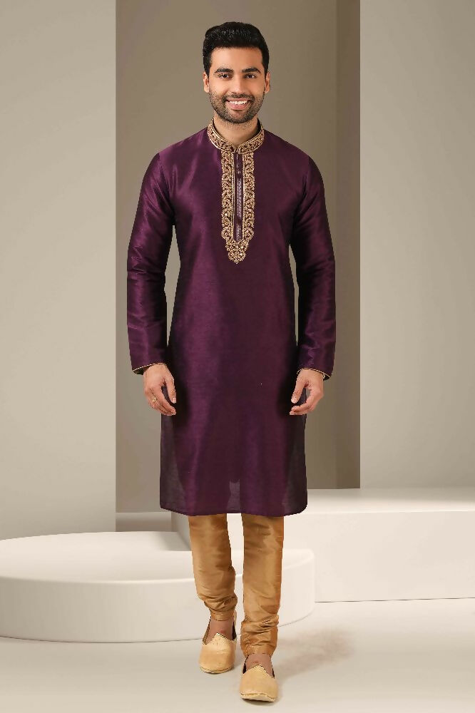 Raivat Ethnic Banarasi Art Silk Mirror Work Kurta Pajama In Mangenta Colour | Grocsy