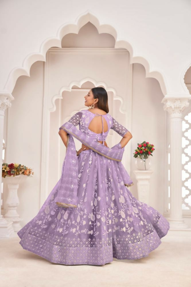 Aastha Fashion Lavender Butterfly Net White Cotton Thread Work, Zari Work And Sandwich Sequence Work Embroidery Wedding Wear Lehenga Choli | Grocsy