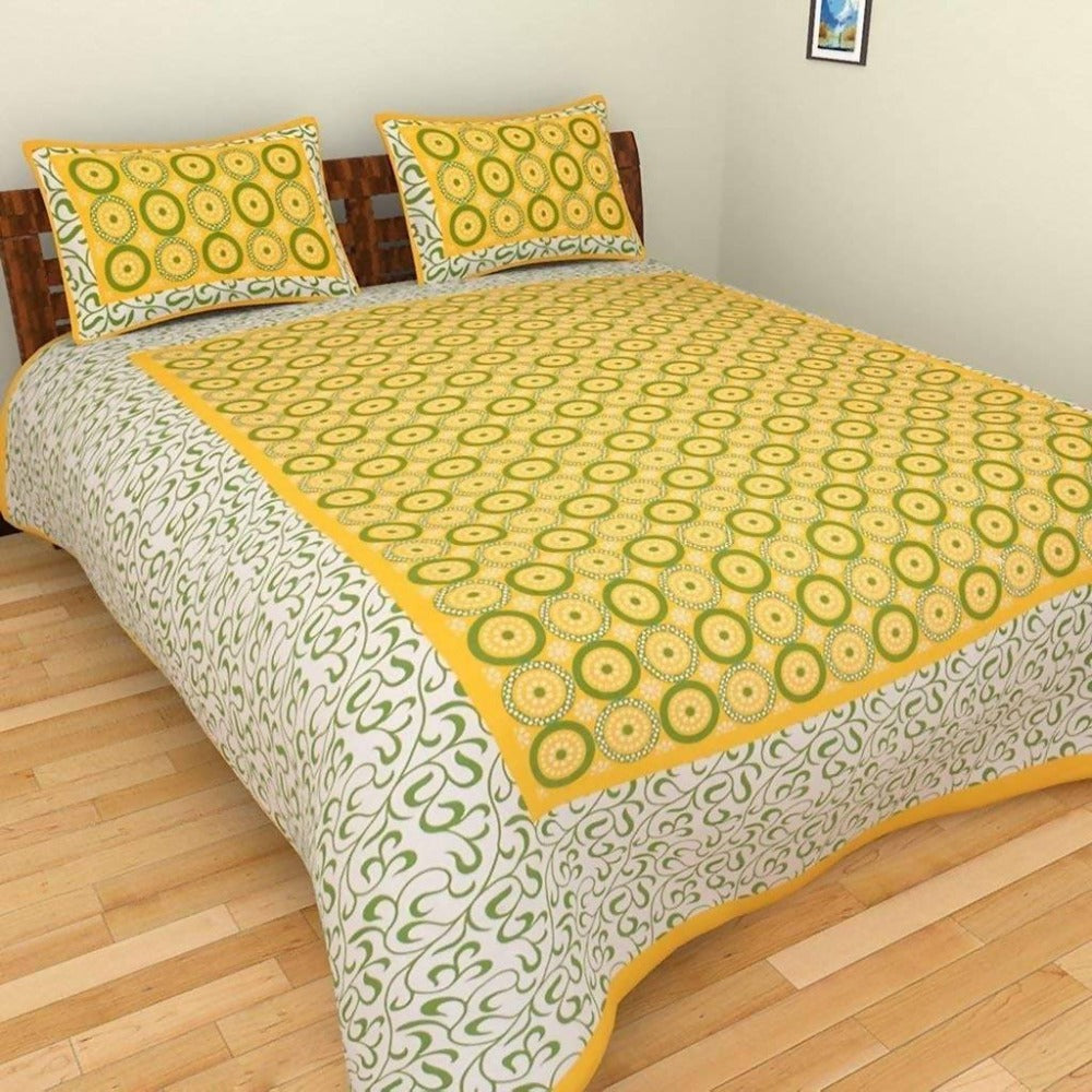 Vamika Printed Beautiful Cotton Yellow Bedsheet With Pillow Covers (LEOC_CHKR_Y) | Grocsy