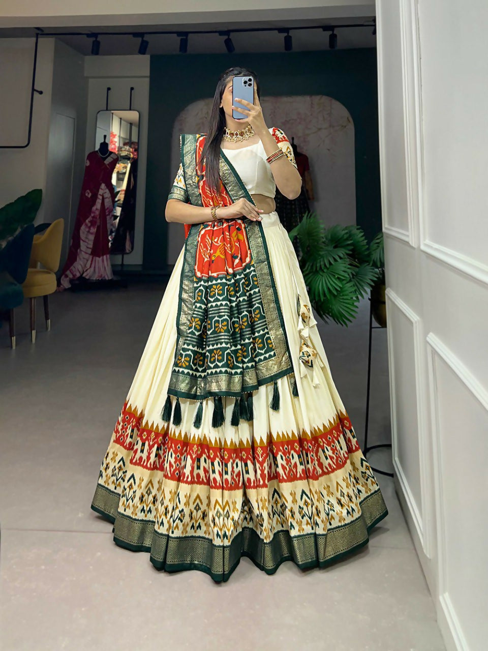 Vastranavya Ethnic Wardrobe with Our Stunning Patola Printed and Foil Work Tussar Silk Lehenga with Unstitched Choli - Off White | Grocsy