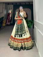 Vastranavya Ethnic Wardrobe with Our Stunning Patola Printed and Foil Work Tussar Silk Lehenga with Unstitched Choli - Off White | Grocsy