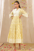 Juniper Womens Limeyellow Cambric Printed Tiered Dress With Flared Sleeve | Grocsy