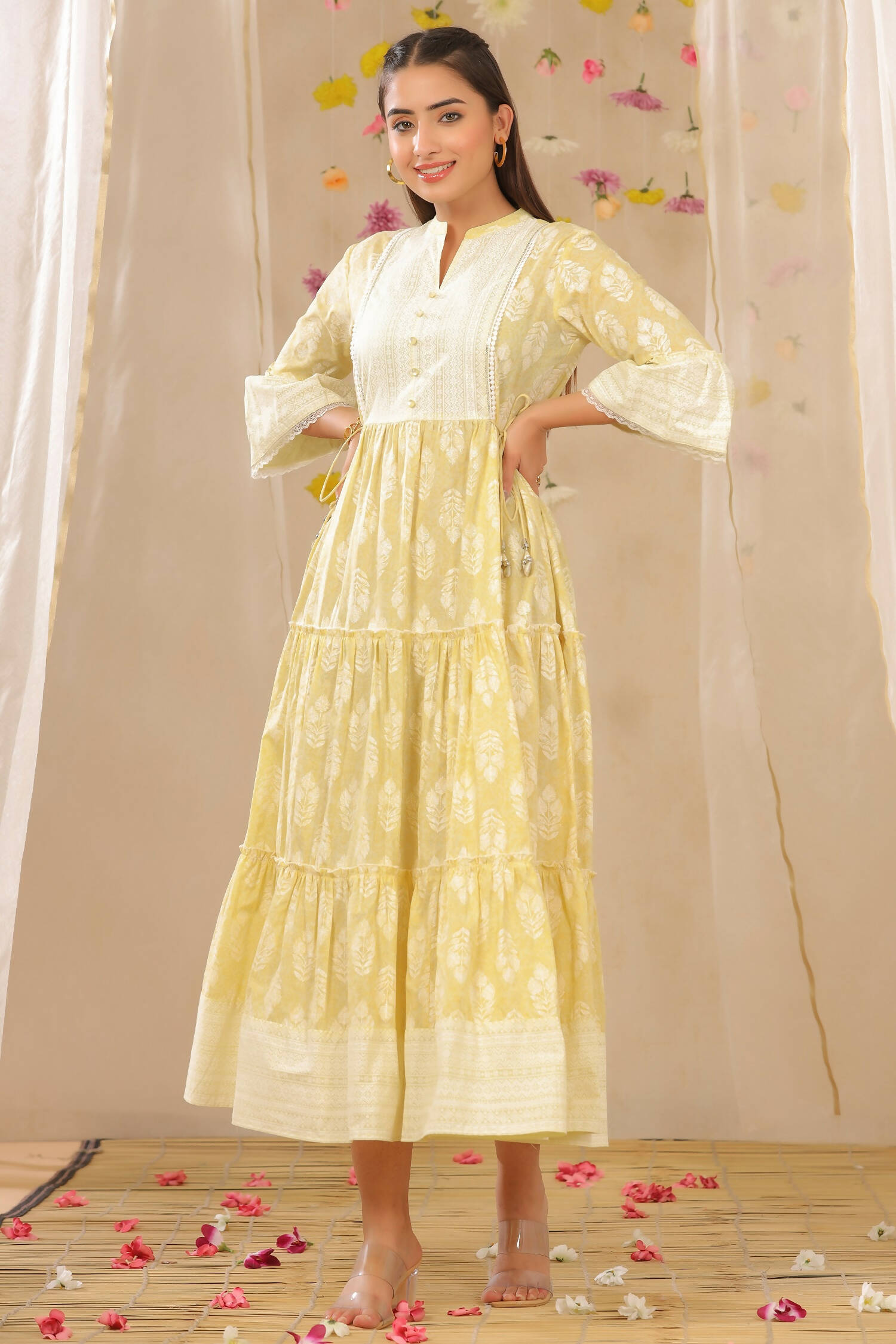 Juniper Womens Limeyellow Cambric Printed Tiered Dress With Flared Sleeve | Grocsy