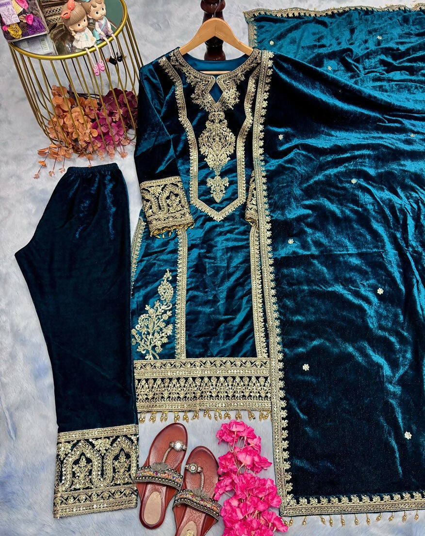 Teeya Creation Teal Color Velvet Fabric Designer Embroidery Work Suit | Grocsy