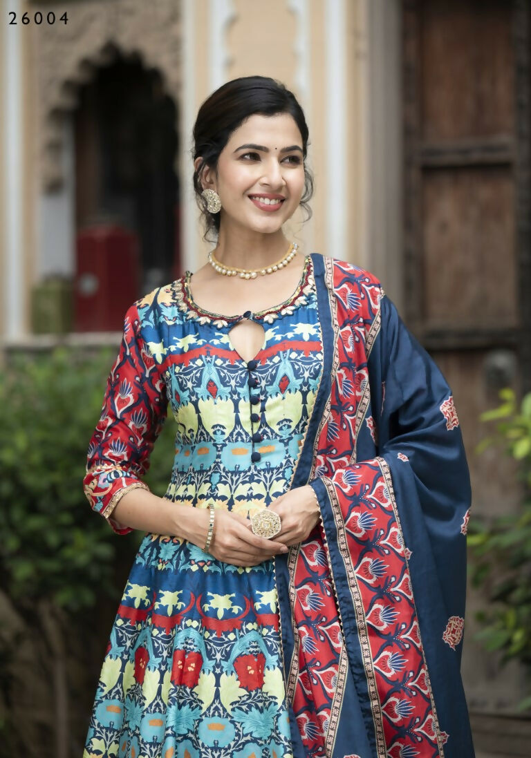 Wedding Designer Multi Soft Dola Silk Anarkali suit with Dupatta - Samanta | Grocsy