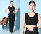 Black Imported Crush Lycra Texture Pattern Ready to Wear Saree with stitched Blouse - Nirvana | Grocsy