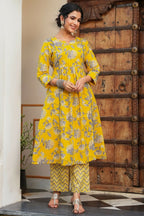 Aramya Anarkali Soft Cotton Gold foil Print Women's Kurta Set - Yellow | Grocsy